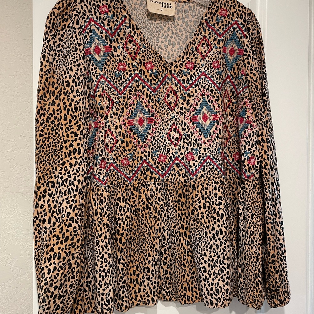 Savanna Jane Women's Multicolor Embroidered Leopard Print Top